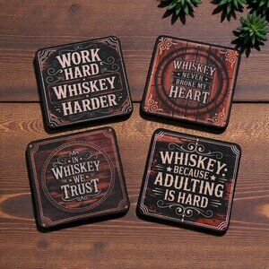 NWT Custom Absorbent Neoprene Whiskey Themed Coasters Set of 4, Non-Slip Base